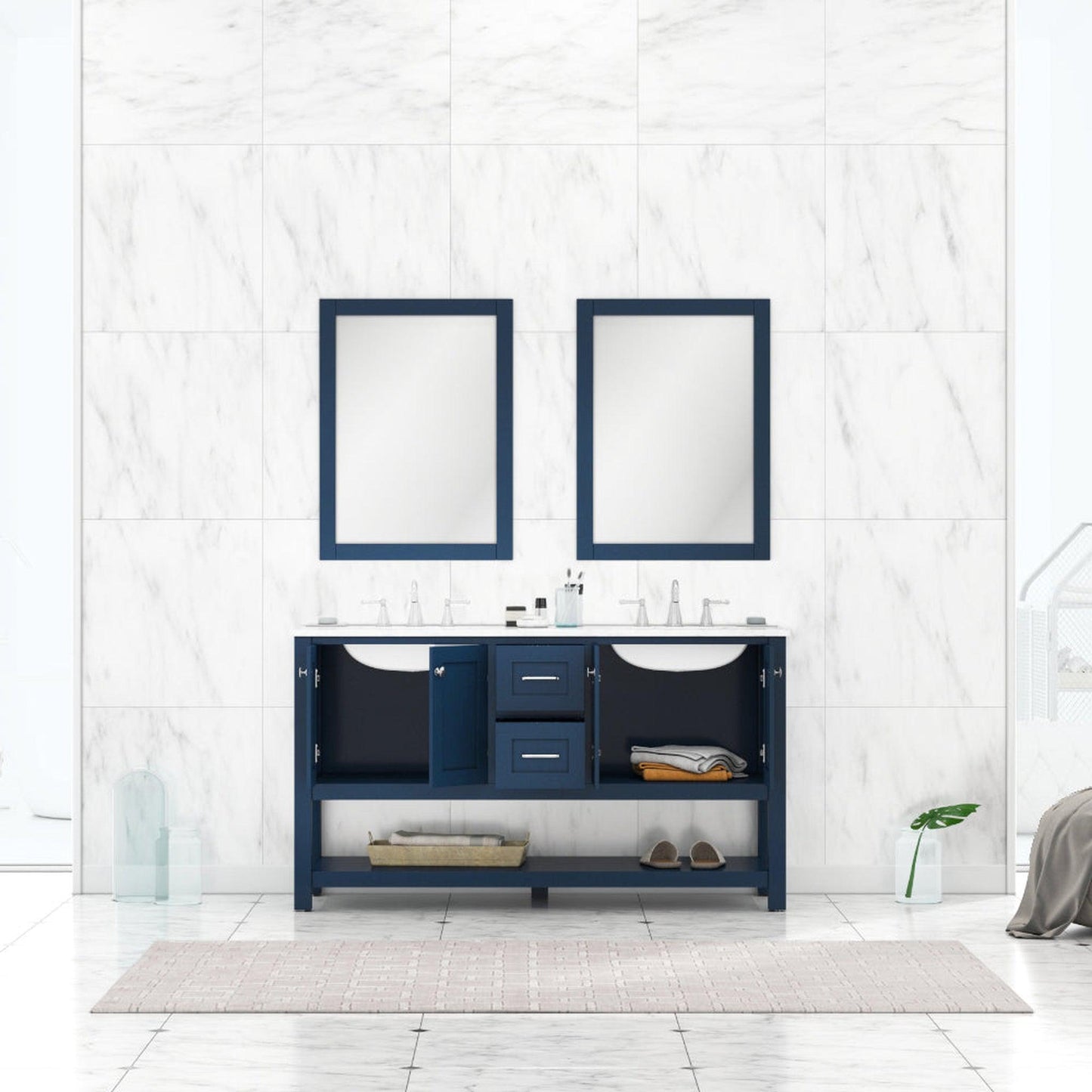 Alya Bath Wilmington 60" Double Blue Freestanding  Bathroom Vanity With Carrara Marble Top, Ceramic Sink and Wall Mounted Mirror - HE-102-60D-B-CWMT+2x HE-101/102-24-B-M