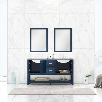 Alya Bath Wilmington 60" Double Blue Freestanding  Bathroom Vanity With Carrara Marble Top, Ceramic Sink and Wall Mounted Mirror - HE-102-60D-B-CWMT+2x HE-101/102-24-B-M