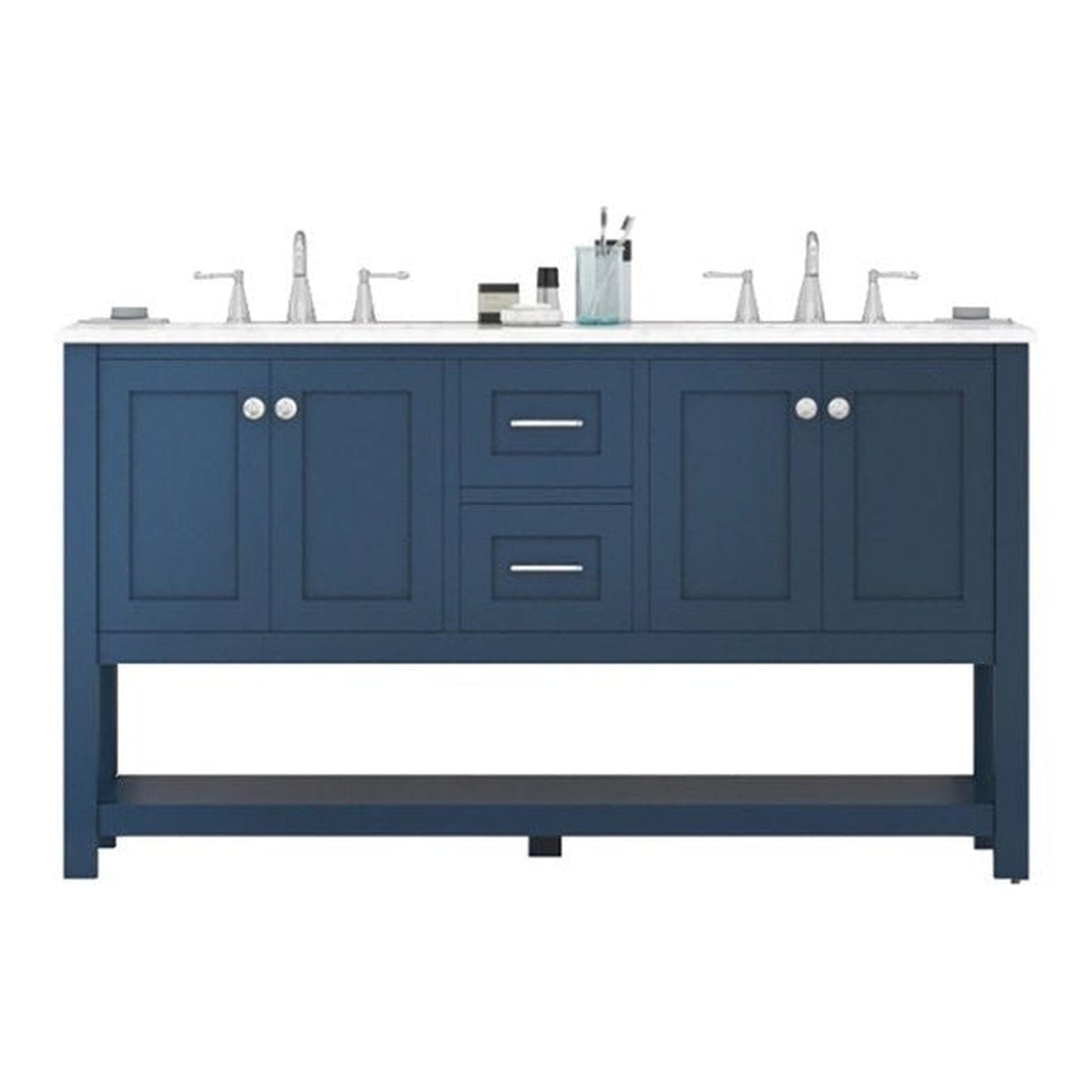 Alya Bath Wilmington 60" Double Blue Freestanding  Bathroom Vanity With Carrara Marble Top, Ceramic Sink and Wall Mounted Mirror - HE-102-60D-B-CWMT+2x HE-101/102-24-B-M
