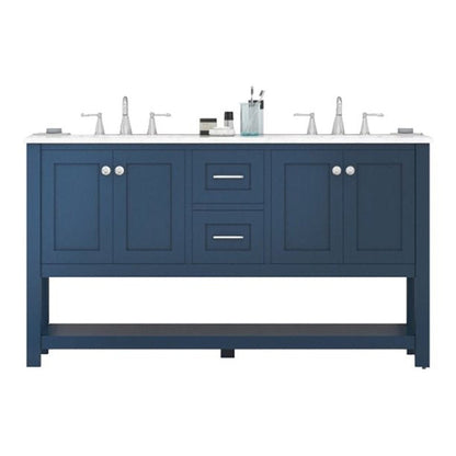 Alya Bath Wilmington 60" Double Blue Freestanding  Bathroom Vanity With Carrara Marble Top, Ceramic Sink and Wall Mounted Mirror - HE-102-60D-B-CWMT+2x HE-101/102-24-B-M