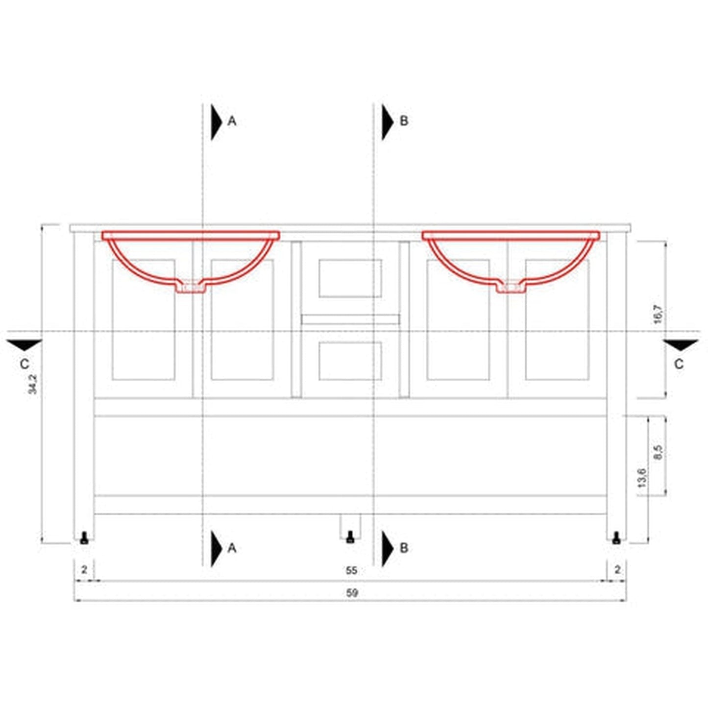 Alya Bath Wilmington 60" Double Blue Freestanding  Bathroom Vanity With Carrara Marble Top, Ceramic Sink and Wall Mounted Mirror - HE-102-60D-B-CWMT+2x HE-101/102-24-B-M