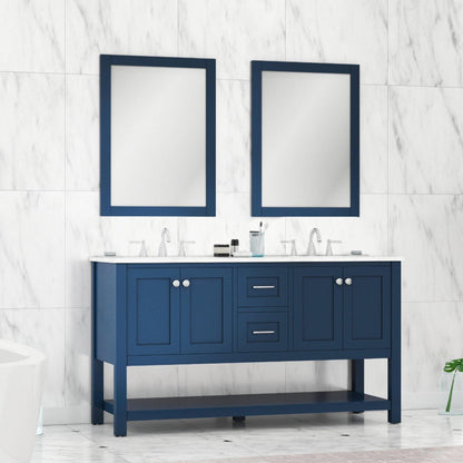 Alya Bath Wilmington 60" Double Blue Freestanding  Bathroom Vanity With Carrara Marble Top, Ceramic Sink and Wall Mounted Mirror - HE-102-60D-B-CWMT+2x HE-101/102-24-B-M