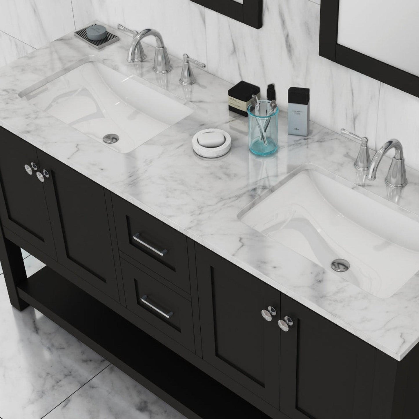 Alya Bath Wilmington 60" Double Espresso Freestanding  Bathroom Vanity With Carrara Marble Top, Ceramic Sink and Wall Mounted Mirro - HE-102-60D-E-CWMT+2x HE-101/102-24-E-Mr