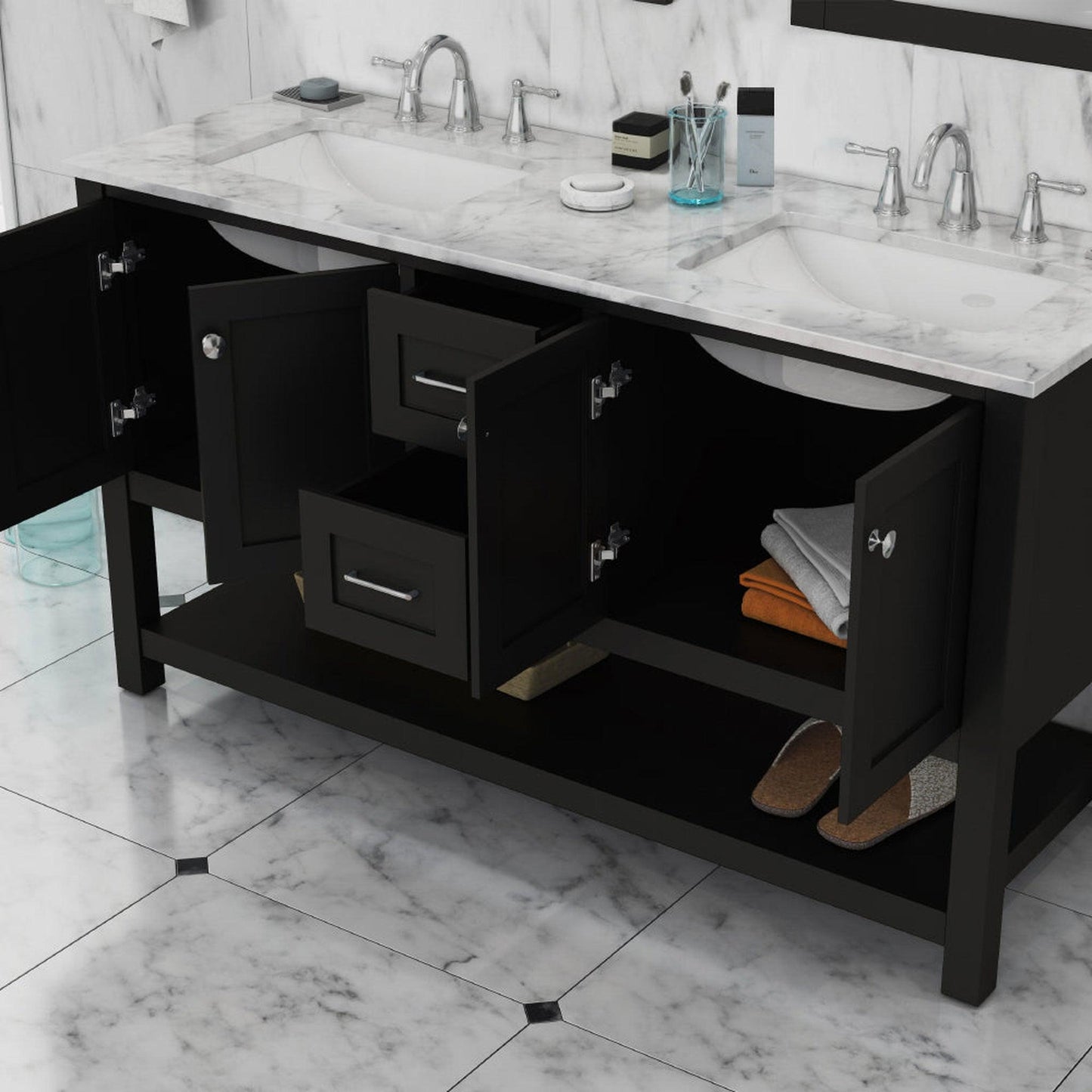 Alya Bath Wilmington 60" Double Espresso Freestanding  Bathroom Vanity With Carrara Marble Top, Ceramic Sink and Wall Mounted Mirro - HE-102-60D-E-CWMT+2x HE-101/102-24-E-Mr