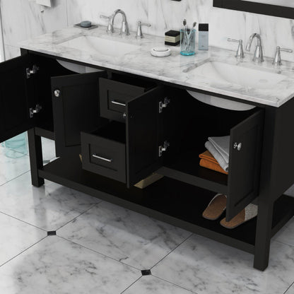 Alya Bath Wilmington 60" Double Espresso Freestanding  Bathroom Vanity With Carrara Marble Top, Ceramic Sink and Wall Mounted Mirro - HE-102-60D-E-CWMT+2x HE-101/102-24-E-Mr