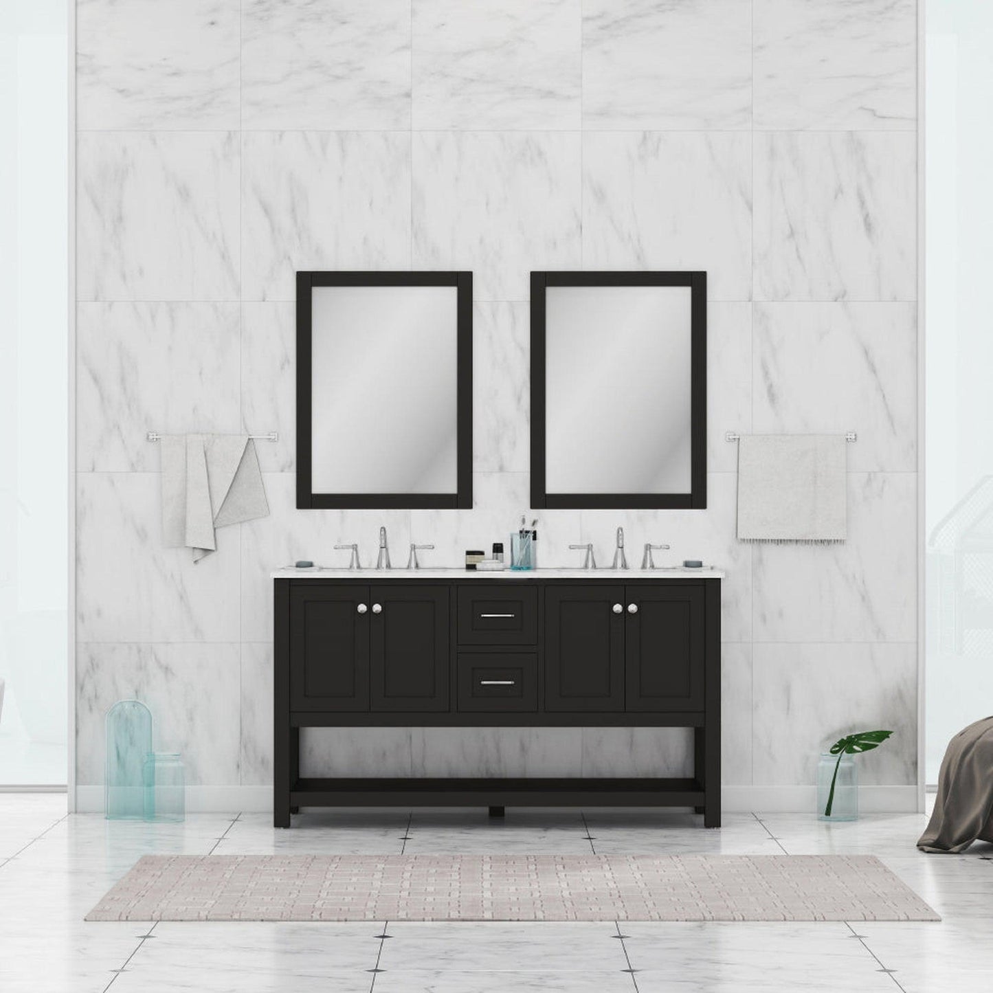 Alya Bath Wilmington 60" Double Espresso Freestanding  Bathroom Vanity With Carrara Marble Top, Ceramic Sink and Wall Mounted Mirro - HE-102-60D-E-CWMT+2x HE-101/102-24-E-Mr