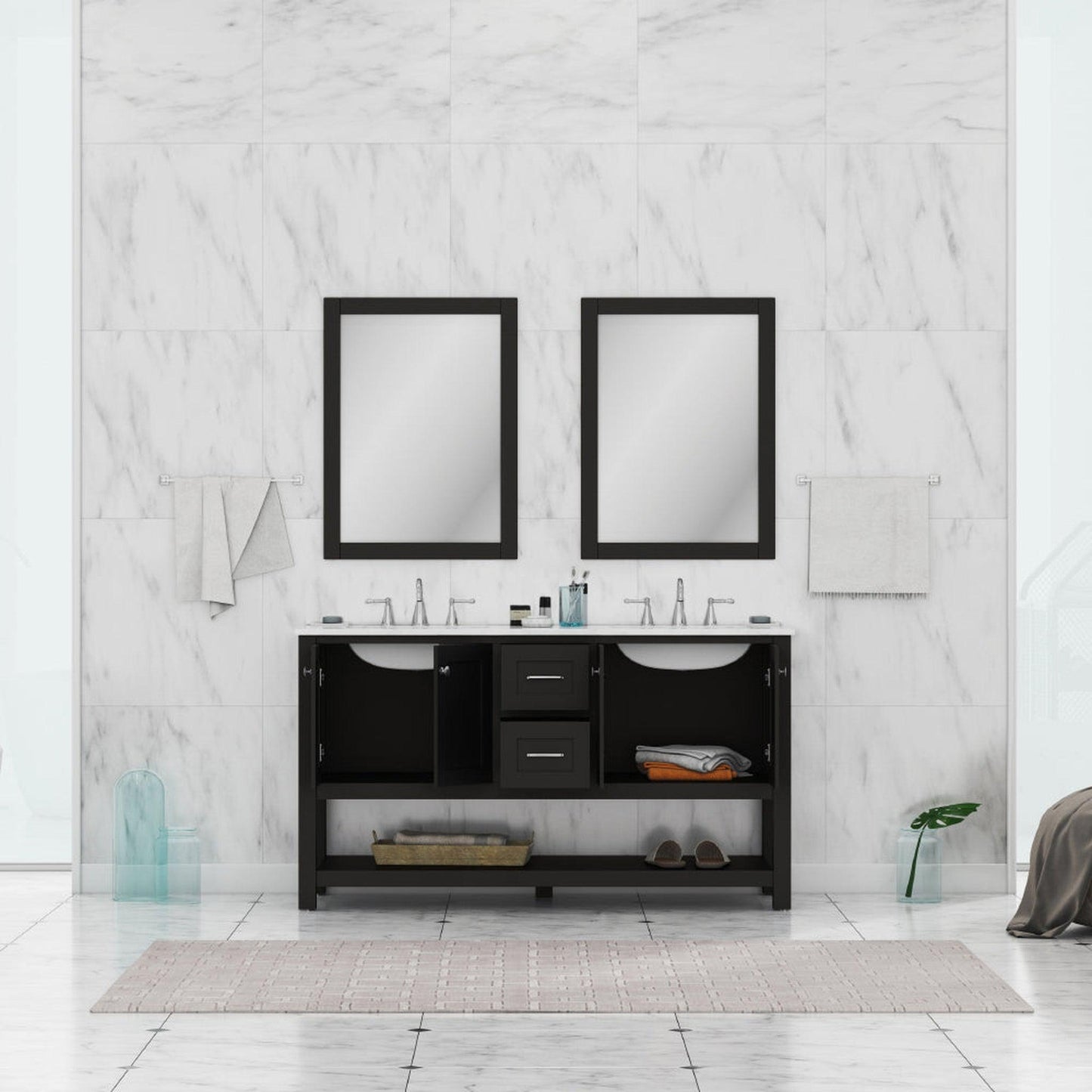 Alya Bath Wilmington 60" Double Espresso Freestanding  Bathroom Vanity With Carrara Marble Top, Ceramic Sink and Wall Mounted Mirro - HE-102-60D-E-CWMT+2x HE-101/102-24-E-Mr