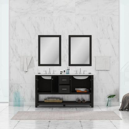 Alya Bath Wilmington 60" Double Espresso Freestanding  Bathroom Vanity With Carrara Marble Top, Ceramic Sink and Wall Mounted Mirro - HE-102-60D-E-CWMT+2x HE-101/102-24-E-Mr