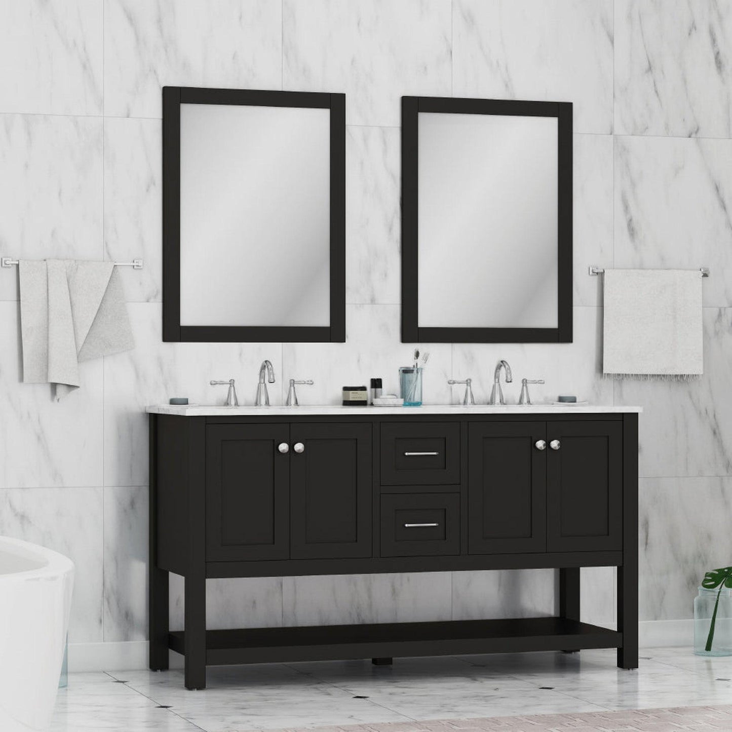 Alya Bath Wilmington 60" Double Espresso Freestanding  Bathroom Vanity With Carrara Marble Top, Ceramic Sink and Wall Mounted Mirro - HE-102-60D-E-CWMT+2x HE-101/102-24-E-Mr