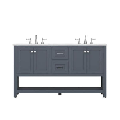 Alya Bath Wilmington 60" Double Gray Freestanding Bathroom Vanity With Carrara Marble Top, Ceramic Sink and Wall Mounted Mirror - HE-102-60D-G-CWMT+2x HE-101/102-24-G-M