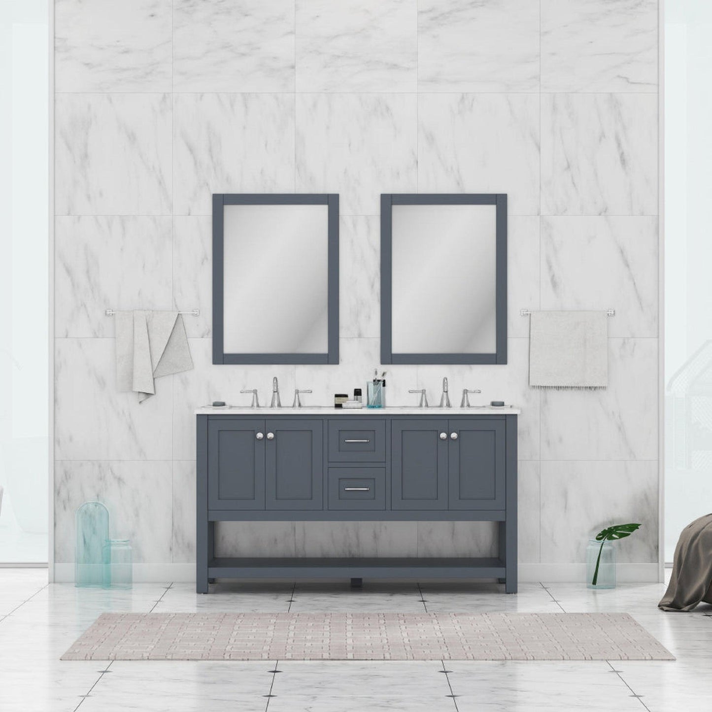 Alya Bath Wilmington 60" Double Gray Freestanding Bathroom Vanity With Carrara Marble Top, Ceramic Sink and Wall Mounted Mirror - HE-102-60D-G-CWMT+2x HE-101/102-24-G-M