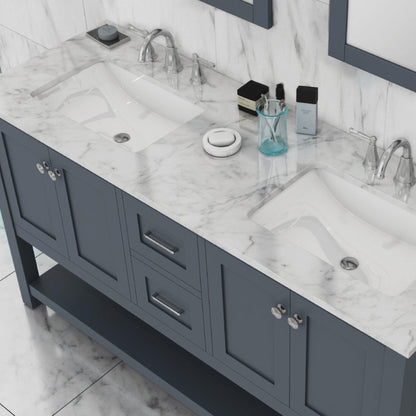 Alya Bath Wilmington 60" Double Gray Freestanding Bathroom Vanity With Carrara Marble Top, Ceramic Sink and Wall Mounted Mirror - HE-102-60D-G-CWMT+2x HE-101/102-24-G-M