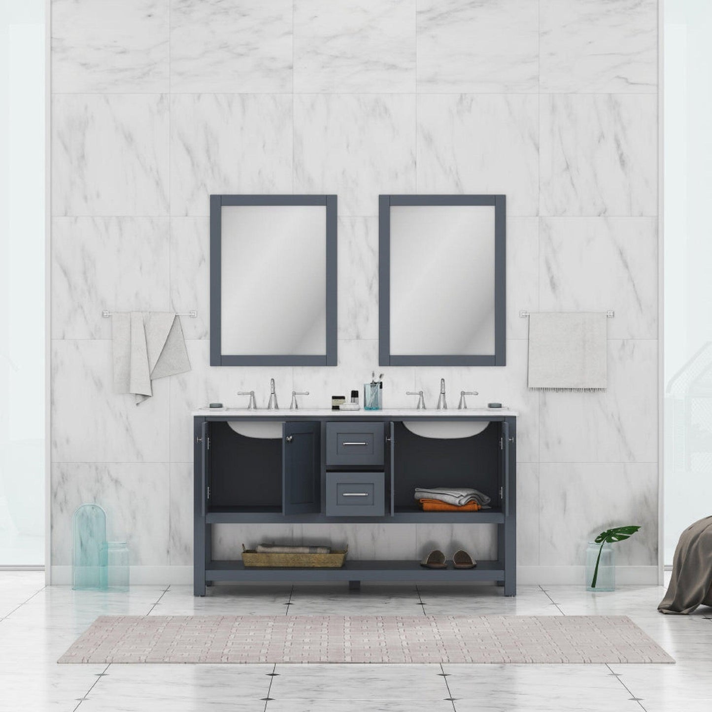 Alya Bath Wilmington 60" Double Gray Freestanding Bathroom Vanity With Carrara Marble Top, Ceramic Sink and Wall Mounted Mirror - HE-102-60D-G-CWMT+2x HE-101/102-24-G-M