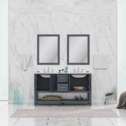 Alya Bath Wilmington 60" Double Gray Freestanding Bathroom Vanity With Carrara Marble Top, Ceramic Sink and Wall Mounted Mirror - HE-102-60D-G-CWMT+2x HE-101/102-24-G-M