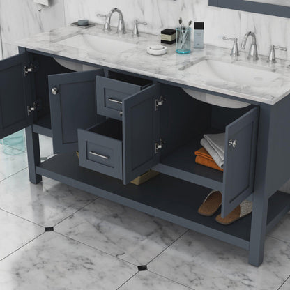 Alya Bath Wilmington 60" Double Gray Freestanding Bathroom Vanity With Carrara Marble Top, Ceramic Sink and Wall Mounted Mirror - HE-102-60D-G-CWMT+2x HE-101/102-24-G-M