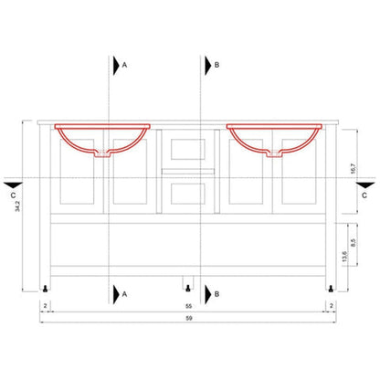 Alya Bath Wilmington 60" Double Gray Freestanding Bathroom Vanity With Carrara Marble Top, Ceramic Sink and Wall Mounted Mirror - HE-102-60D-G-CWMT+2x HE-101/102-24-G-M