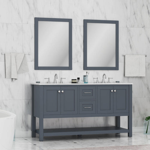 Alya Bath Wilmington 60" Double Gray Freestanding Bathroom Vanity With Carrara Marble Top, Ceramic Sink and Wall Mounted Mirror - HE-102-60D-G-CWMT+2x HE-101/102-24-G-M