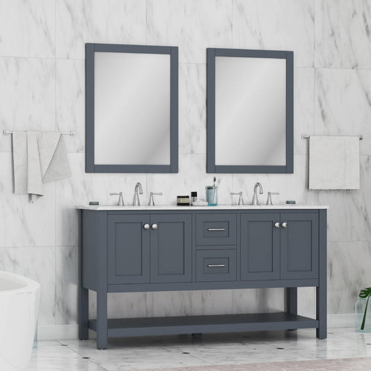 Alya Bath Wilmington 60" Double Gray Freestanding Bathroom Vanity With Carrara Marble Top, Ceramic Sink and Wall Mounted Mirror - HE-102-60D-G-CWMT+2x HE-101/102-24-G-M