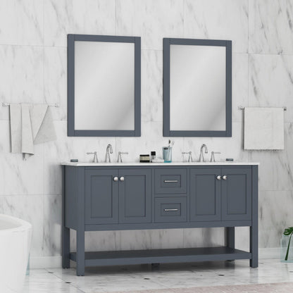 Alya Bath Wilmington 60" Double Gray Freestanding Bathroom Vanity With Carrara Marble Top, Ceramic Sink and Wall Mounted Mirror - HE-102-60D-G-CWMT+2x HE-101/102-24-G-M