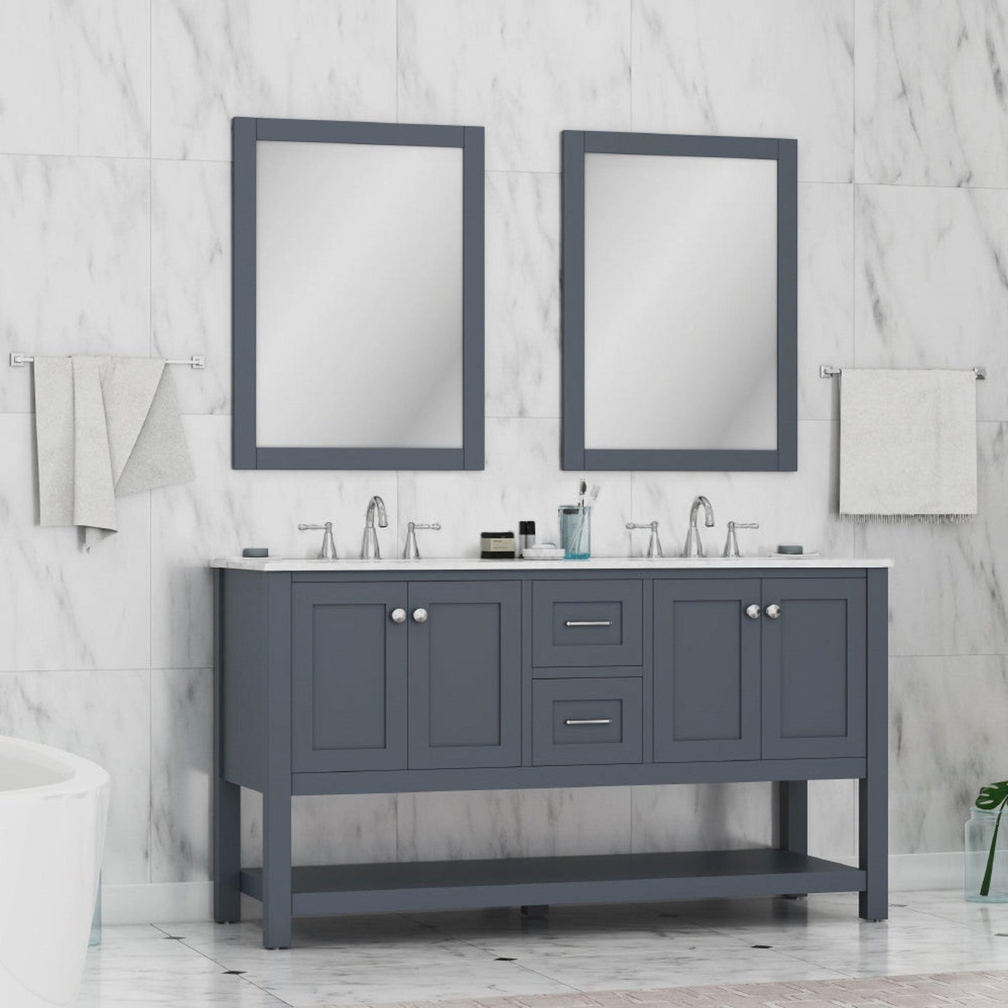 Alya Bath Wilmington 60" Double Gray Freestanding Bathroom Vanity With Carrara Marble Top, Ceramic Sink and Wall Mounted Mirror - HE-102-60D-G-CWMT+2x HE-101/102-24-G-M