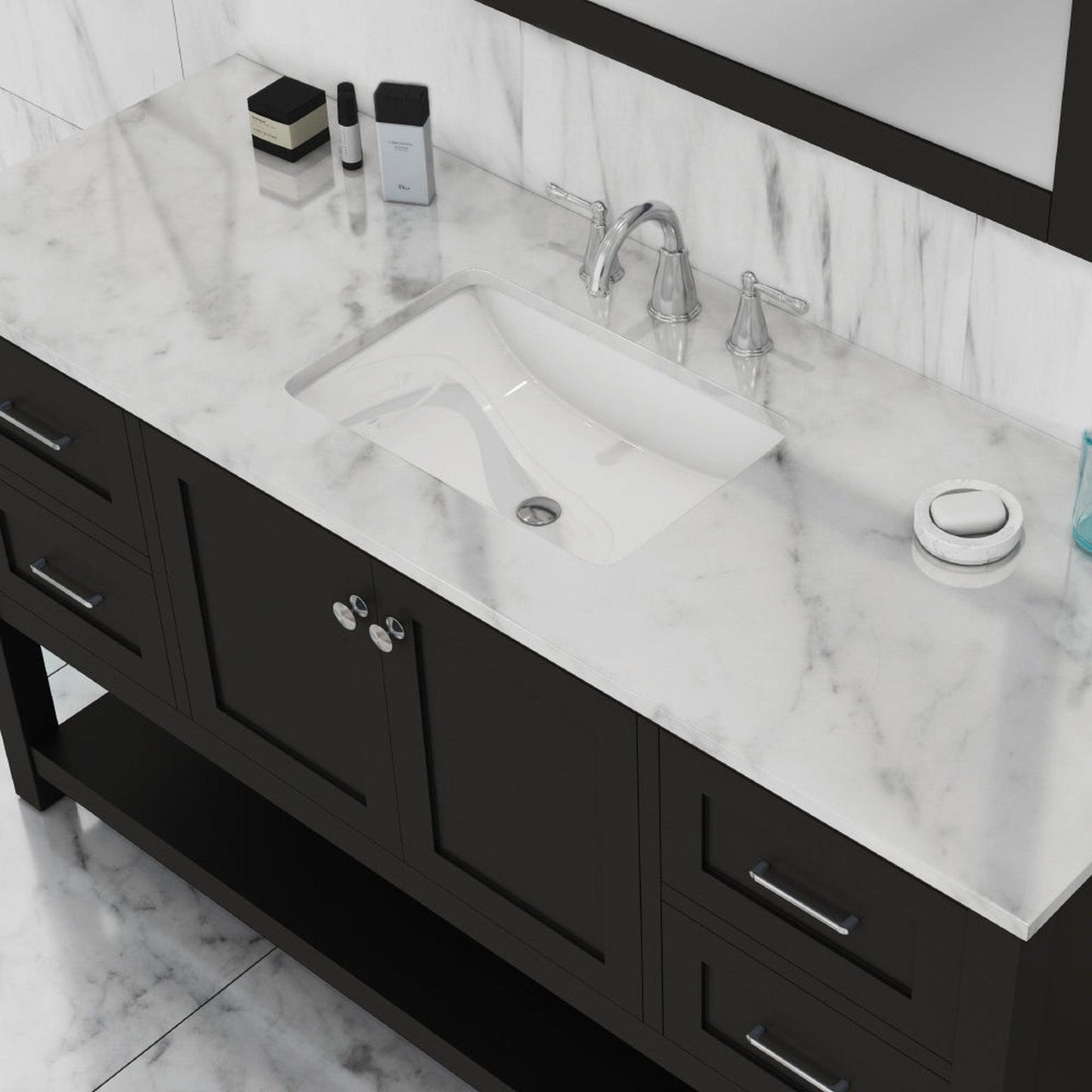 Alya Bath Wilmington 60" Single Espresso Freestanding  Bathroom Vanity With Carrara Marble Top, Ceramic Sink and Wall Mounted Mirror - HE-102-60S-E-CWMT+AT-48-M-B