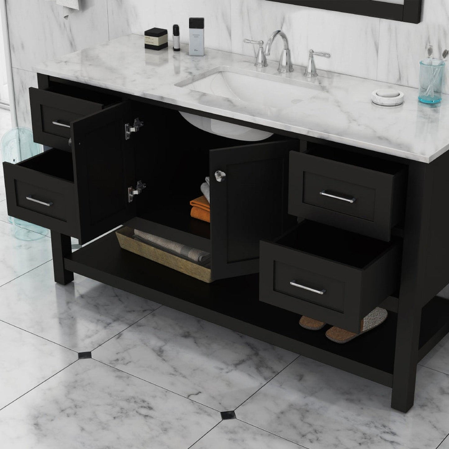 Alya Bath Wilmington 60" Single Espresso Freestanding  Bathroom Vanity With Carrara Marble Top, Ceramic Sink and Wall Mounted Mirror - HE-102-60S-E-CWMT+AT-48-M-B