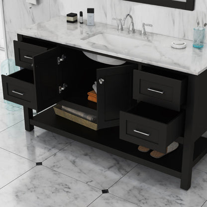 Alya Bath Wilmington 60" Single Espresso Freestanding  Bathroom Vanity With Carrara Marble Top, Ceramic Sink and Wall Mounted Mirror - HE-102-60S-E-CWMT+AT-48-M-B