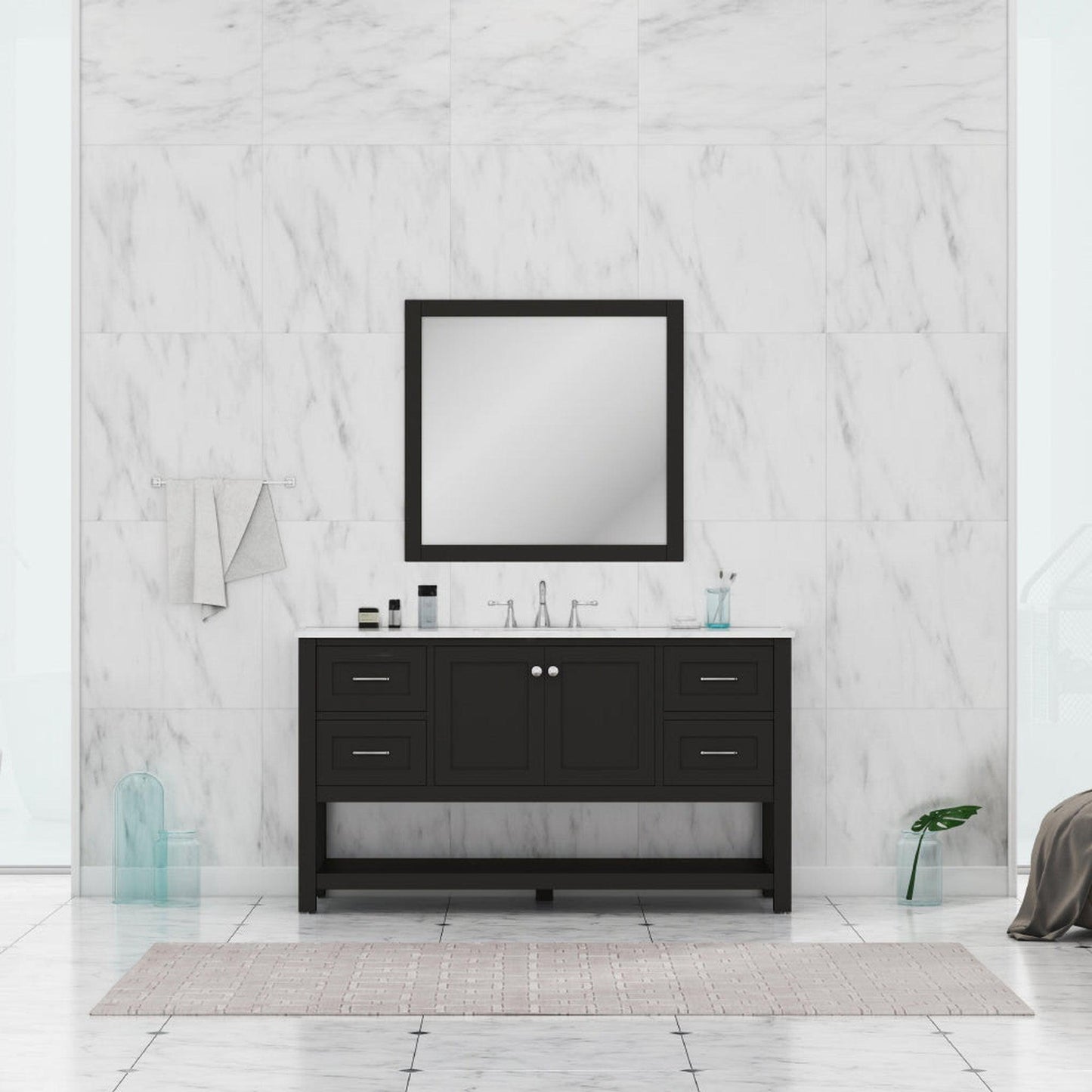 Alya Bath Wilmington 60" Single Espresso Freestanding  Bathroom Vanity With Carrara Marble Top, Ceramic Sink and Wall Mounted Mirror - HE-102-60S-E-CWMT+AT-48-M-B