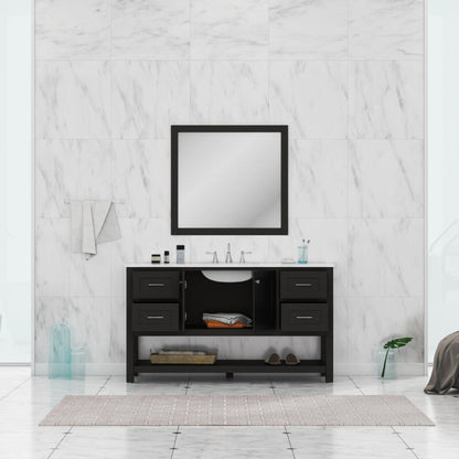 Alya Bath Wilmington 60" Single Espresso Freestanding  Bathroom Vanity With Carrara Marble Top, Ceramic Sink and Wall Mounted Mirror - HE-102-60S-E-CWMT+AT-48-M-B