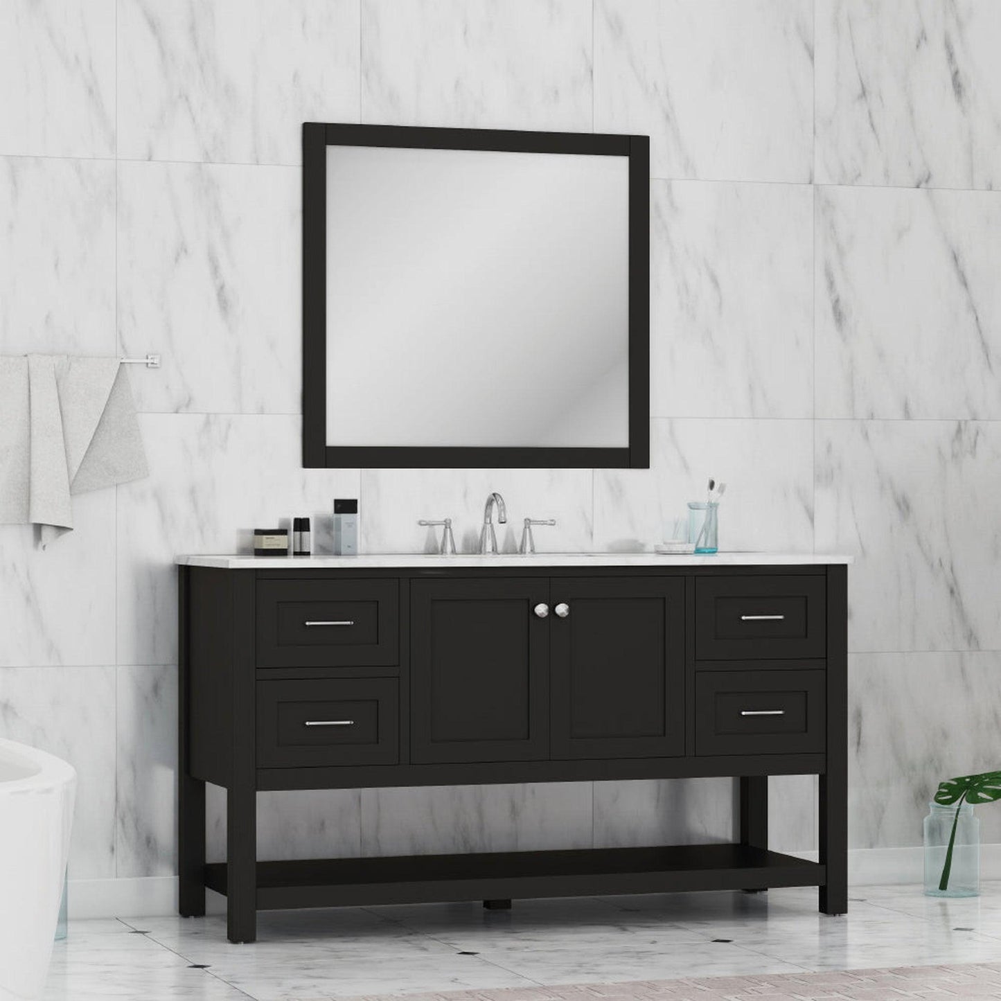 Alya Bath Wilmington 60" Single Espresso Freestanding  Bathroom Vanity With Carrara Marble Top, Ceramic Sink and Wall Mounted Mirror - HE-102-60S-E-CWMT+AT-48-M-B