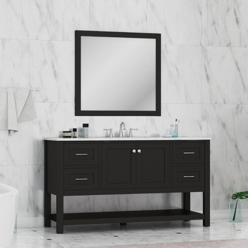 Alya Bath Wilmington 60" Single Espresso Freestanding  Bathroom Vanity With Carrara Marble Top, Ceramic Sink and Wall Mounted Mirror - HE-102-60S-E-CWMT+AT-48-M-B