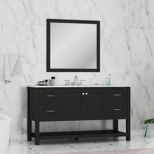 Alya Bath Wilmington 60" Single Espresso Freestanding  Bathroom Vanity With Carrara Marble Top, Ceramic Sink and Wall Mounted Mirror - HE-102-60S-E-CWMT+AT-48-M-B