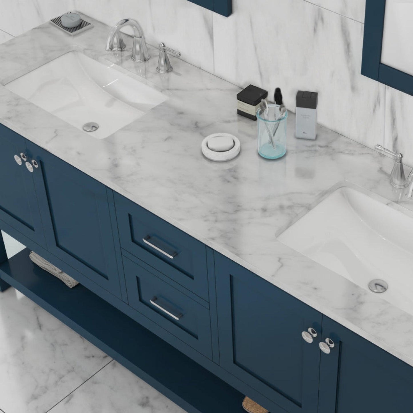 Alya Bath Wilmington 72" Double Blue Freestanding  Bathroom Vanity With Carrara Marble Top, Ceramic Sink and Wall Mounted Mirror - HE-102-72D-B-CWMT+2x HE-101/102-30-B-M