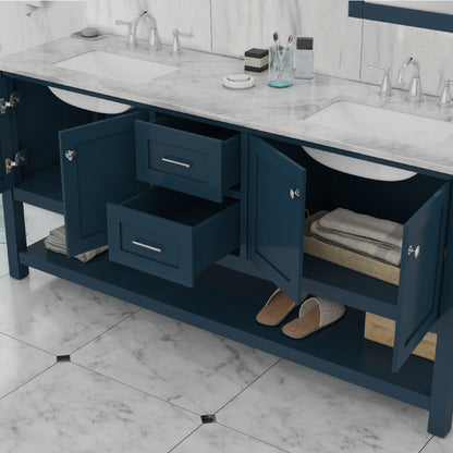 Alya Bath Wilmington 72" Double Blue Freestanding  Bathroom Vanity With Carrara Marble Top, Ceramic Sink and Wall Mounted Mirror - HE-102-72D-B-CWMT+2x HE-101/102-30-B-M