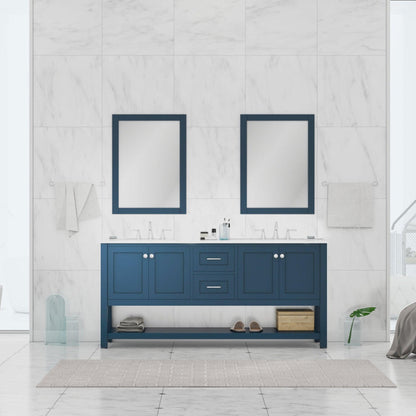 Alya Bath Wilmington 72" Double Blue Freestanding  Bathroom Vanity With Carrara Marble Top, Ceramic Sink and Wall Mounted Mirror - HE-102-72D-B-CWMT+2x HE-101/102-30-B-M