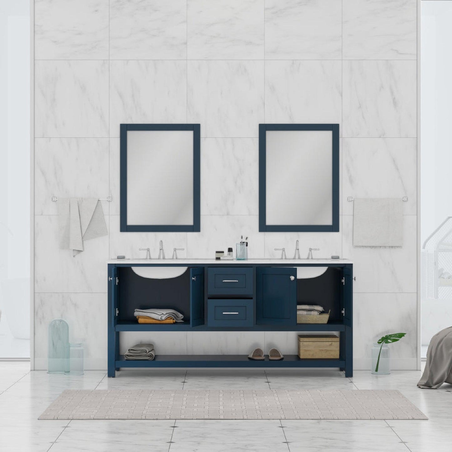 Alya Bath Wilmington 72" Double Blue Freestanding  Bathroom Vanity With Carrara Marble Top, Ceramic Sink and Wall Mounted Mirror - HE-102-72D-B-CWMT+2x HE-101/102-30-B-M