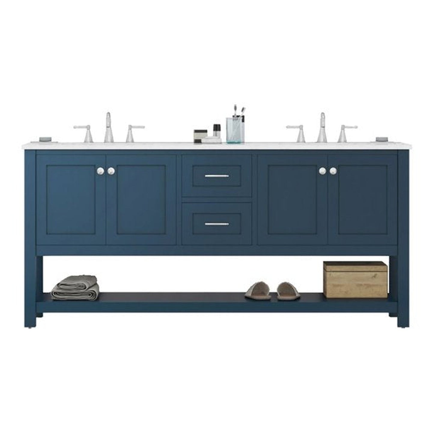 Alya Bath Wilmington 72" Double Blue Freestanding  Bathroom Vanity With Carrara Marble Top, Ceramic Sink and Wall Mounted Mirror - HE-102-72D-B-CWMT+2x HE-101/102-30-B-M