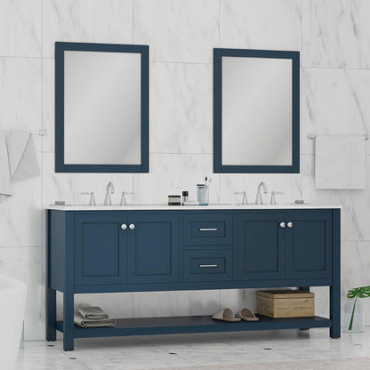 Alya Bath Wilmington 72" Double Blue Freestanding  Bathroom Vanity With Carrara Marble Top, Ceramic Sink and Wall Mounted Mirror - HE-102-72D-B-CWMT+2x HE-101/102-30-B-M