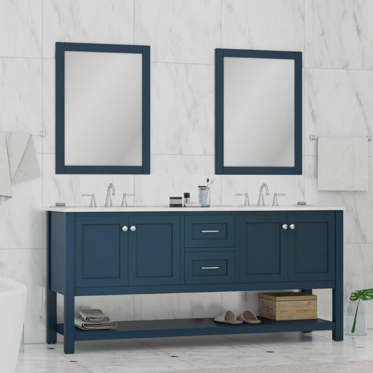 Alya Bath Wilmington 72" Double Blue Freestanding  Bathroom Vanity With Carrara Marble Top, Ceramic Sink and Wall Mounted Mirror - HE-102-72D-B-CWMT+2x HE-101/102-30-B-M
