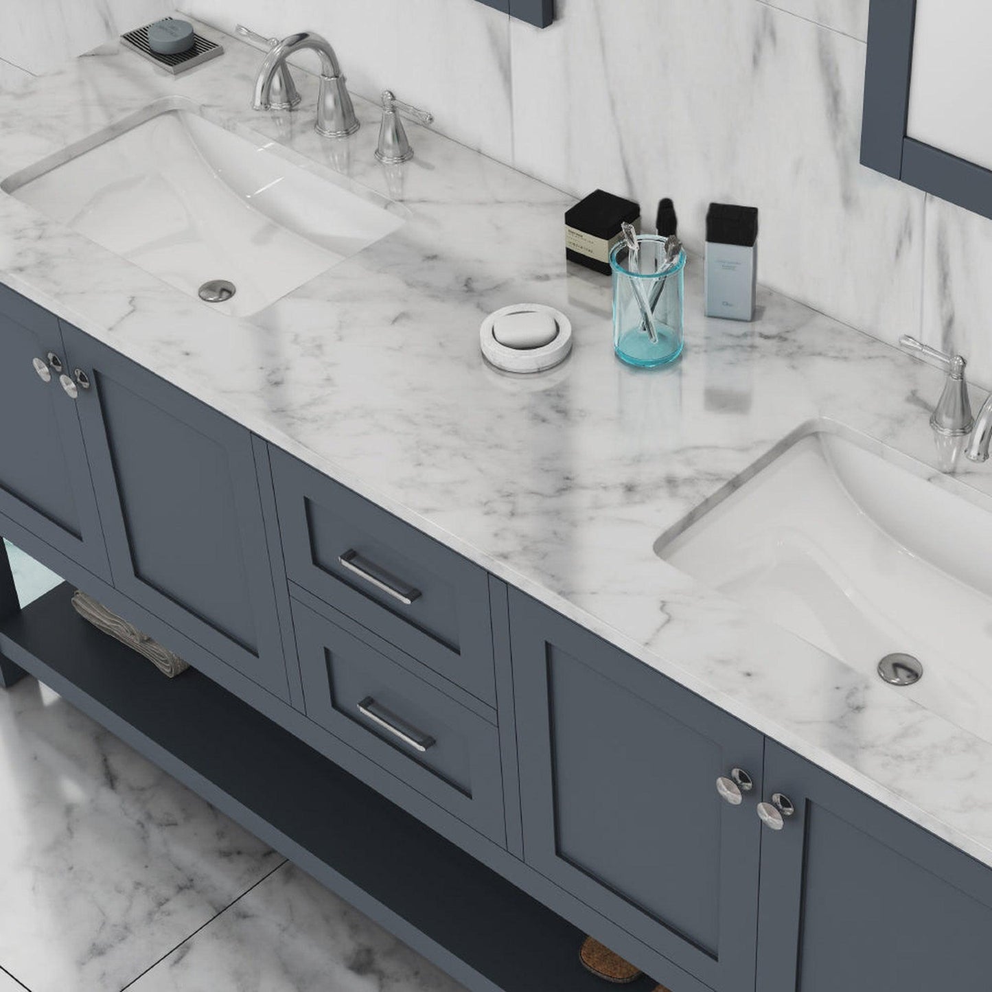 Alya Bath Wilmington 72" Double Gray Freestanding  Bathroom Vanity With Carrara Marble Top, Ceramic Sink and Wall Mounted Mirror - HE-102-72D-G-CWMT+2x HE-101/102-30-G-M