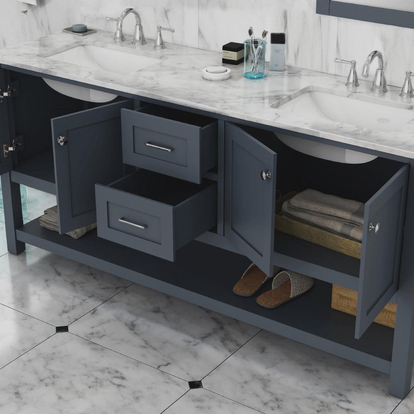 Alya Bath Wilmington 72" Double Gray Freestanding  Bathroom Vanity With Carrara Marble Top, Ceramic Sink and Wall Mounted Mirror - HE-102-72D-G-CWMT+2x HE-101/102-30-G-M