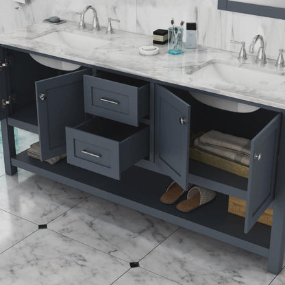 Alya Bath Wilmington 72" Double Gray Freestanding  Bathroom Vanity With Carrara Marble Top, Ceramic Sink and Wall Mounted Mirror - HE-102-72D-G-CWMT+2x HE-101/102-30-G-M