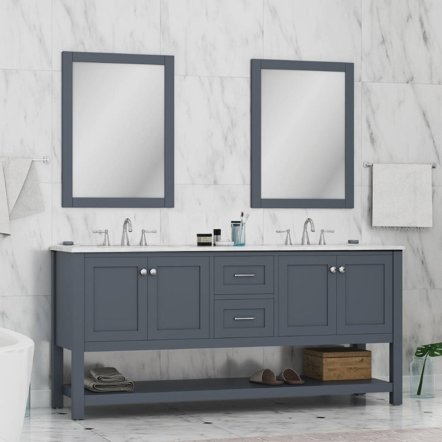 Alya Bath Wilmington 72" Double Gray Freestanding  Bathroom Vanity With Carrara Marble Top, Ceramic Sink and Wall Mounted Mirror - HE-102-72D-G-CWMT+2x HE-101/102-30-G-M