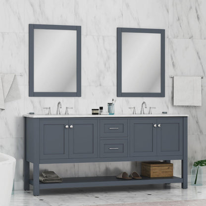 Alya Bath Wilmington 72" Double Gray Freestanding  Bathroom Vanity With Carrara Marble Top, Ceramic Sink and Wall Mounted Mirror - HE-102-72D-G-CWMT+2x HE-101/102-30-G-M