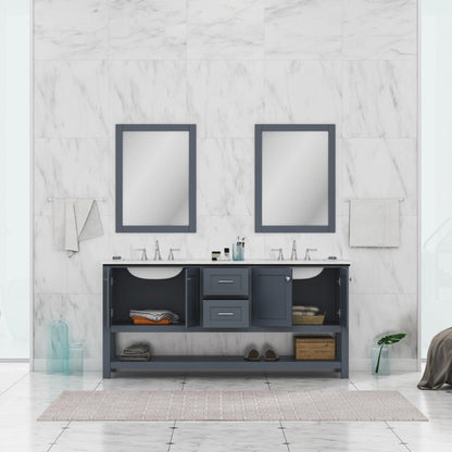 Alya Bath Wilmington 72" Double Gray Freestanding  Bathroom Vanity With Carrara Marble Top, Ceramic Sink and Wall Mounted Mirror - HE-102-72D-G-CWMT+2x HE-101/102-30-G-M