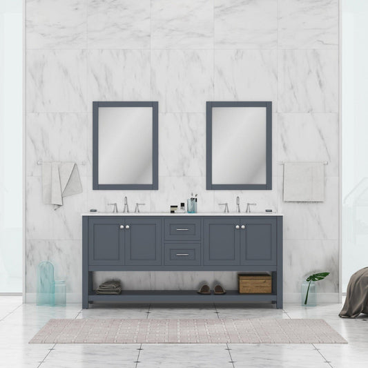 Alya Bath Wilmington 72" Double Gray Freestanding  Bathroom Vanity With Carrara Marble Top, Ceramic Sink and Wall Mounted Mirror - HE-102-72D-G-CWMT+2x HE-101/102-30-G-M