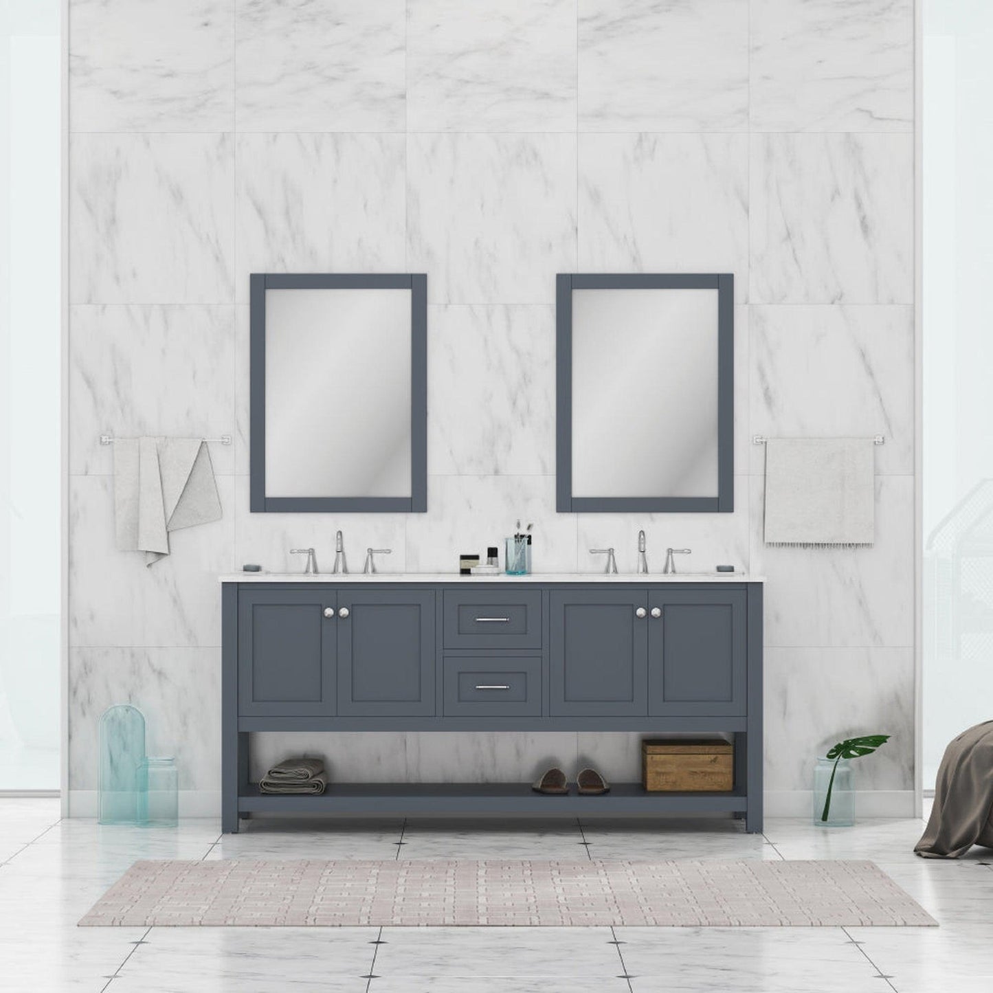 Alya Bath Wilmington 72" Double Gray Freestanding  Bathroom Vanity With Carrara Marble Top, Ceramic Sink and Wall Mounted Mirror - HE-102-72D-G-CWMT+2x HE-101/102-30-G-M