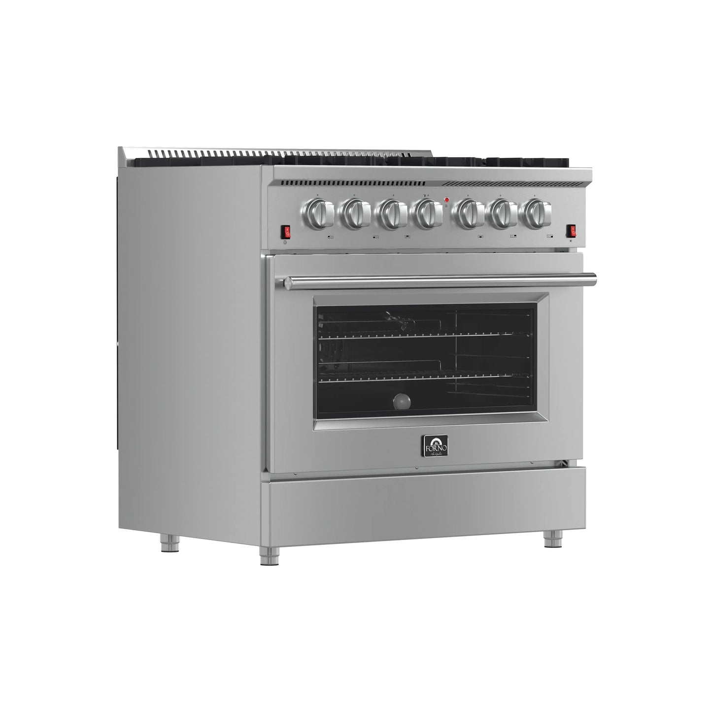 Forno 5-Piece Appliance Package - 36-Inch Gas Range, Wall Mount Range Hood, 60-Inch Refrigerator, Dishwasher, and 30-Inch Microwave Drawer in Stainless Steel - AP5-6244-36-5095-60S-30MD