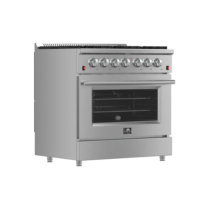 Forno 5-Piece Appliance Package - 36-Inch Gas Range, Wall Mount Range Hood, 36-Inch Refrigerator, Dishwasher, and 30-Inch Microwave Oven in Stainless Steel - AP5-6244-36-5095-30MO