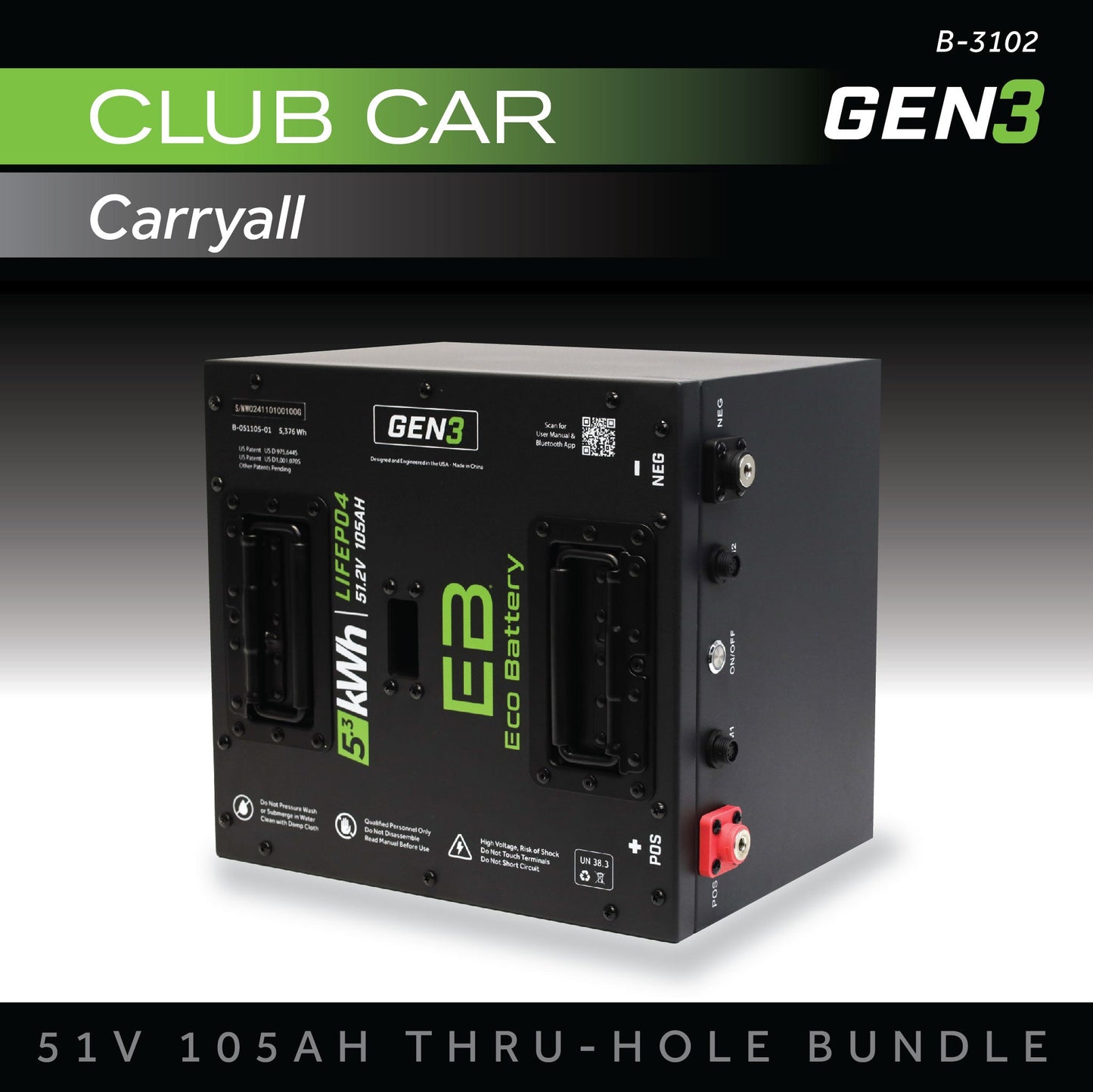 Eco Battery 51V 105AH Thru-Hole Battery Bundle / Club Car Carryall - B-3102